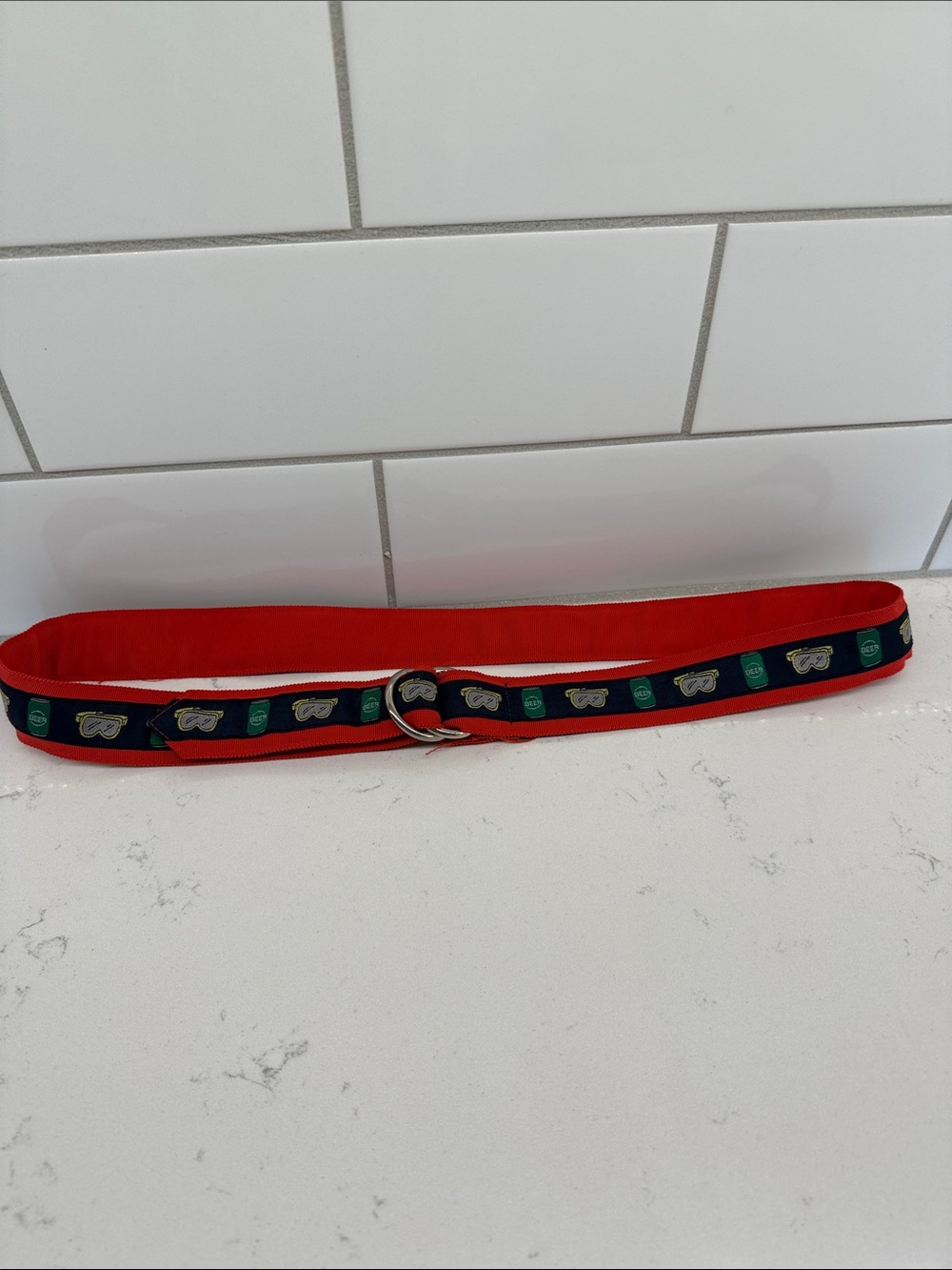 CK Bradley Red Belt with Navy Patterned preppy Trim sz l